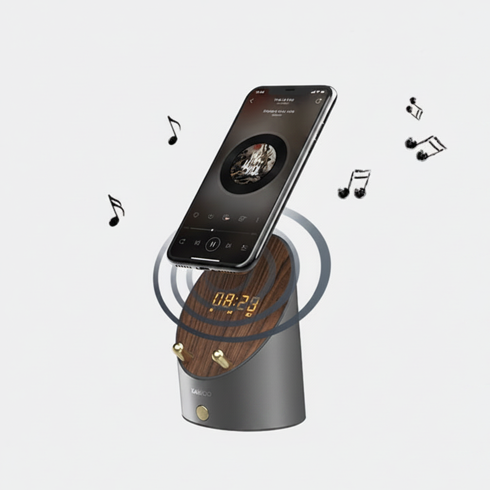 Wooden Speaker Smart Induction Speaker Phone Holder Portable Mini Desktop Wireless Alarm Clock Bluetooth Speaker
